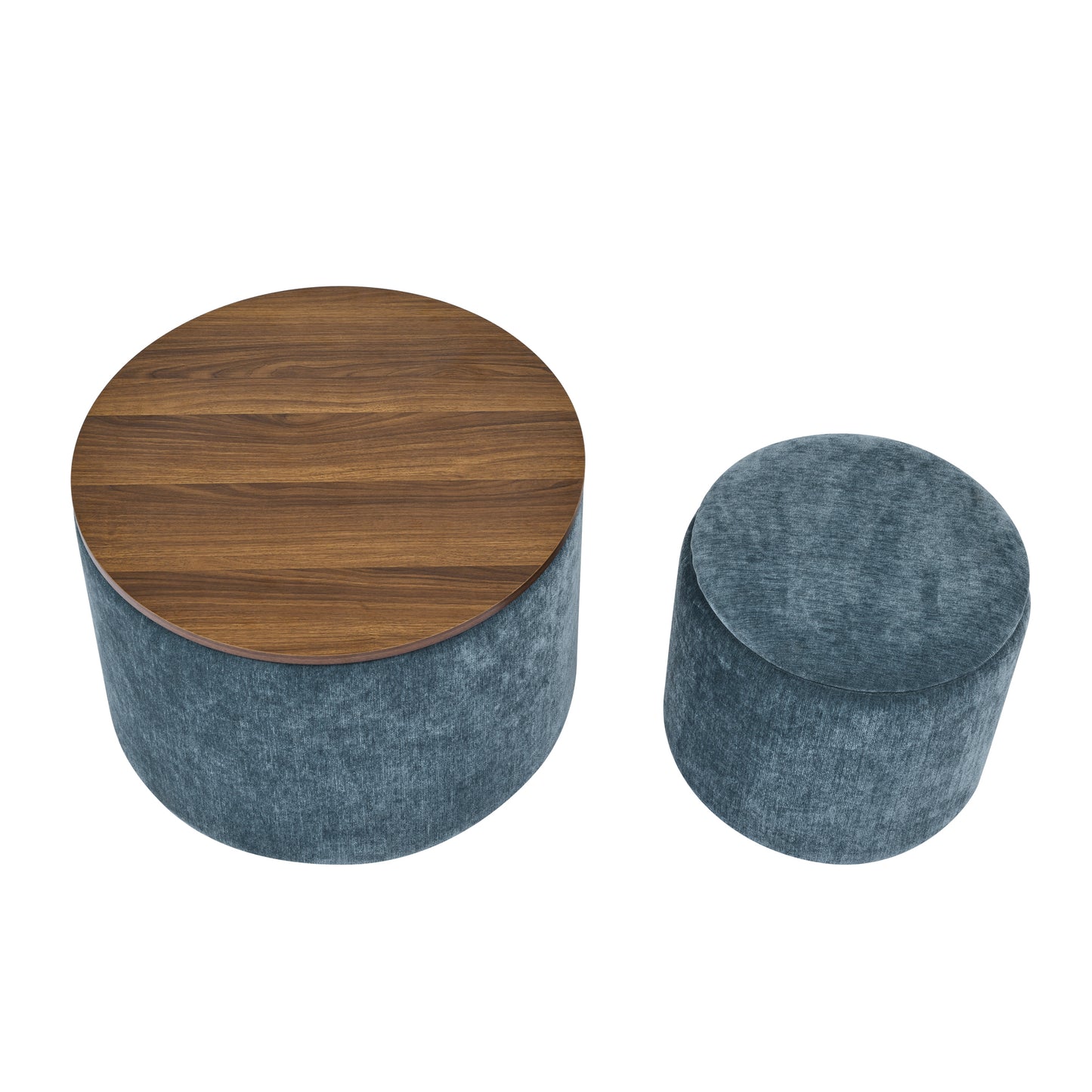 Classic Dark Blue Chenille Storage Ottoman Set with Drum Shaped Stool and MDF Desktop Panel SolidRoot Buy Furniture USA