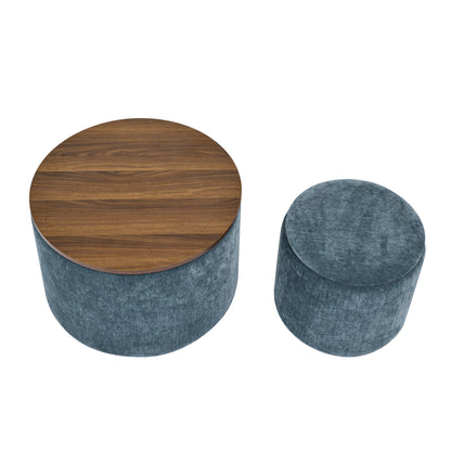 Classic Dark Blue Chenille Storage Ottoman Set with Drum Shaped Stool and MDF Desktop Panel SolidRoot Buy Furniture USA