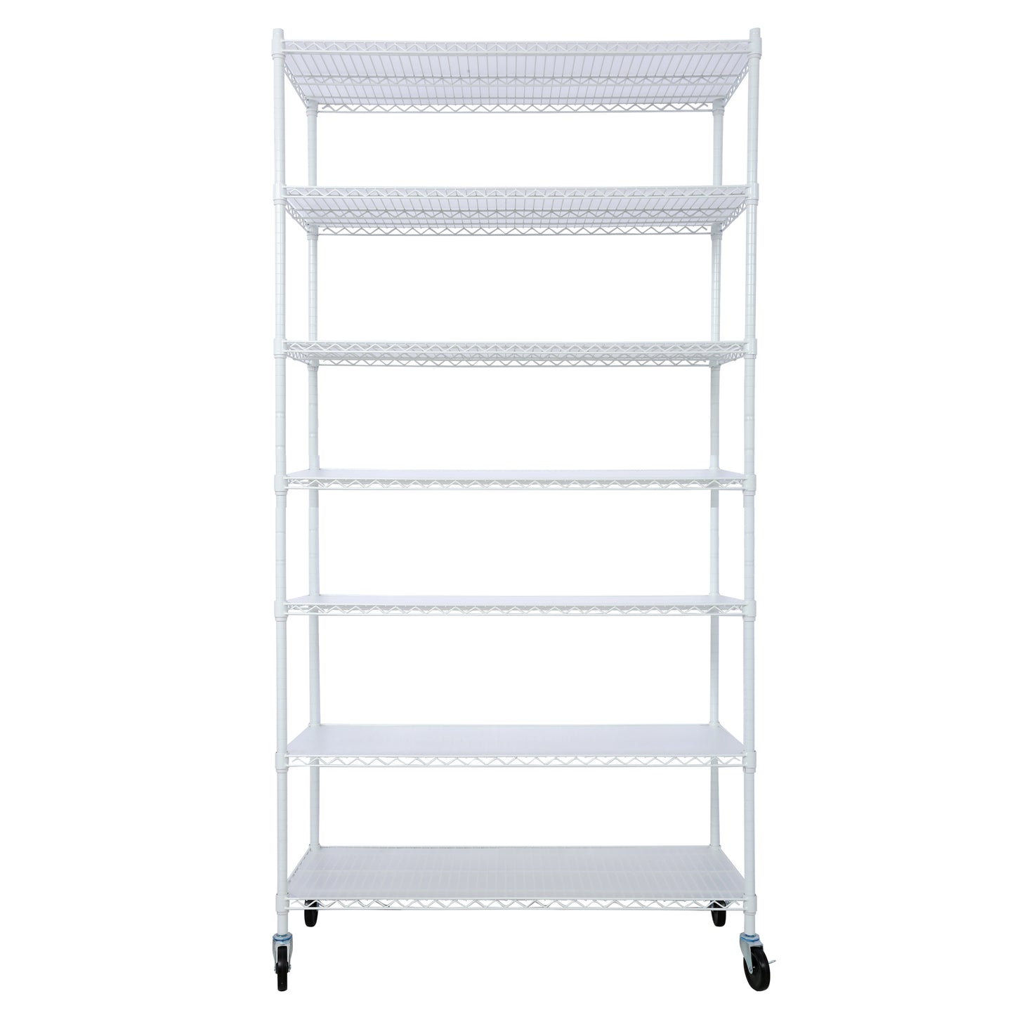 White 7-Tier Adjustable Pantry Shelving Unit with Wheels & Liners - 48' x 18' x 81.5', High Density Wire Storage Rack SolidRoot Buy Furniture USA