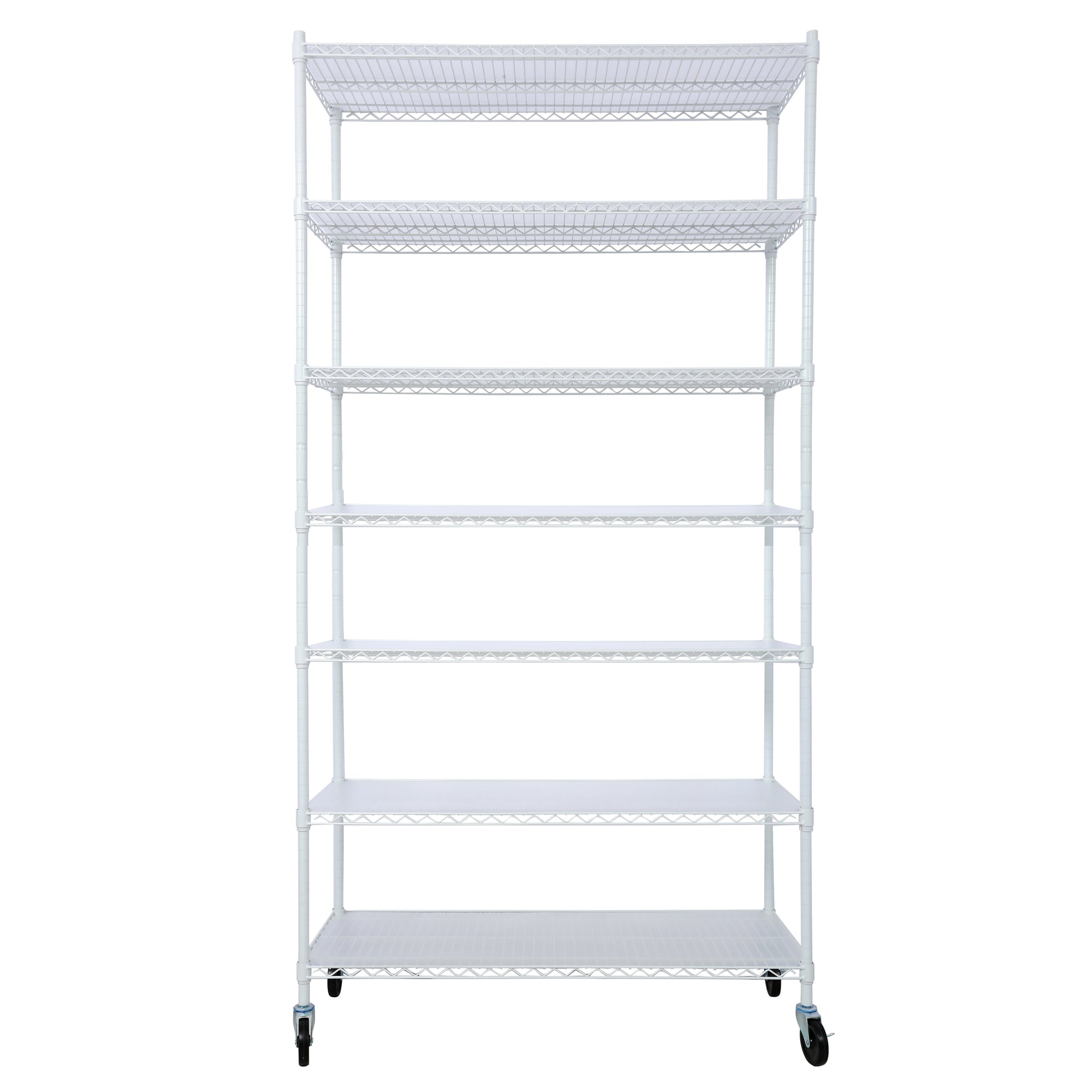 White 7-Tier Adjustable Pantry Shelving Unit with Wheels & Liners - 48' x 18' x 81.5', High Density Wire Storage Rack SolidRoot Buy Furniture USA