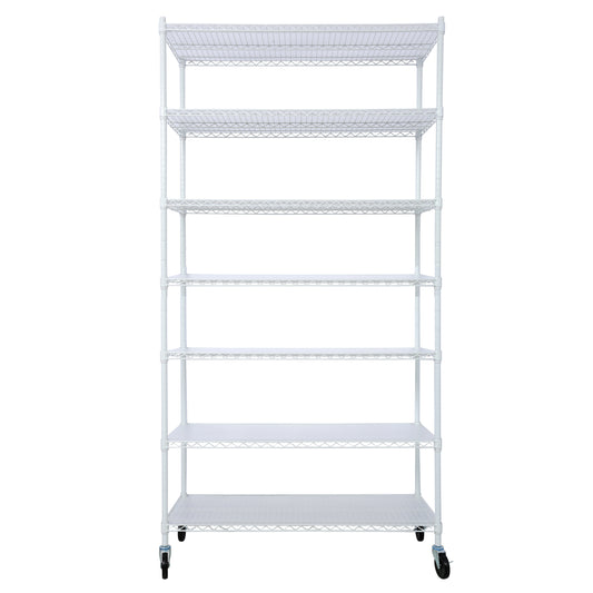 White 7-Tier Adjustable Pantry Shelving Unit with Wheels & Liners - 48' x 18' x 81.5', High Density Wire Storage Rack SolidRoot Buy Furniture USA