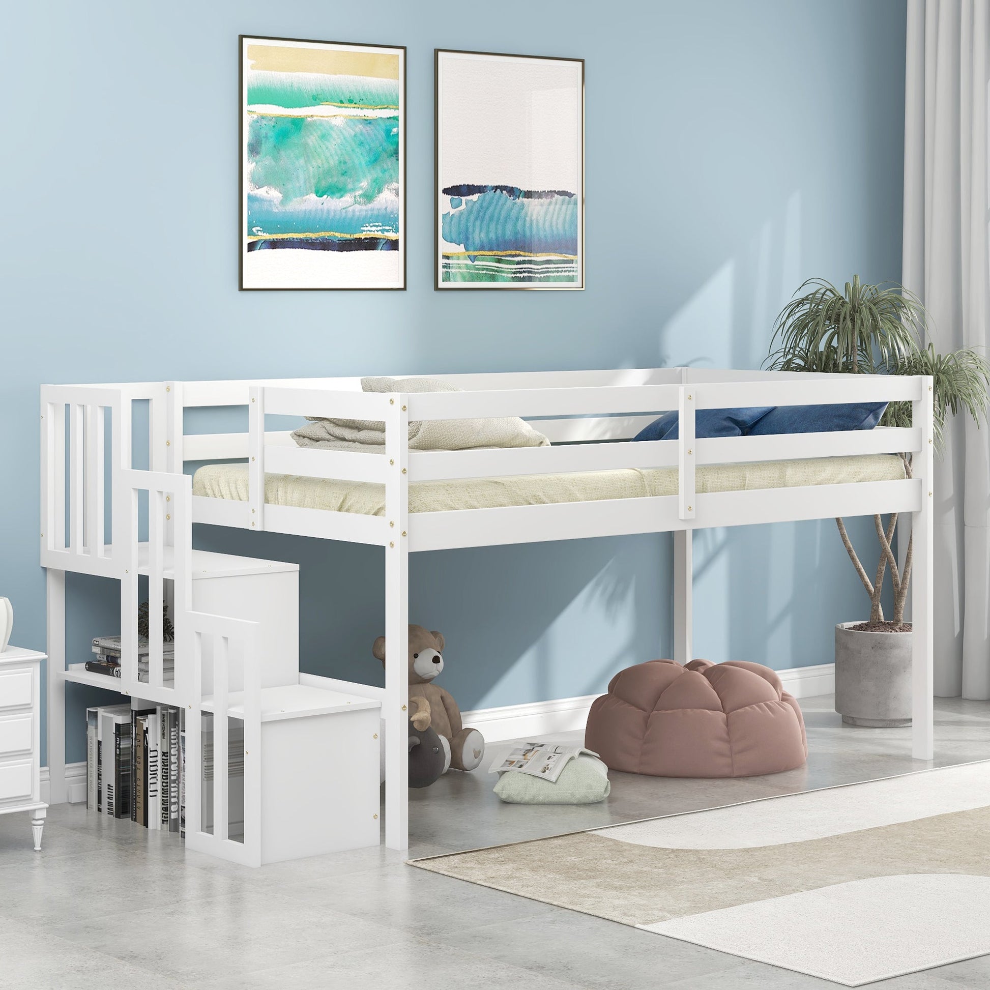 Loft bed with staircase , White SolidRoot Buy Furniture USA