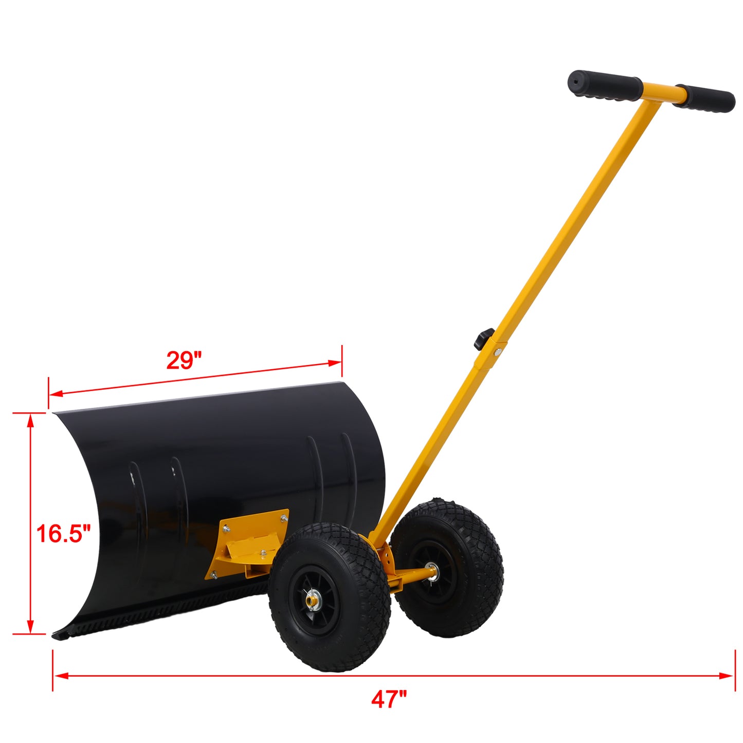 Snow Shovel with Wheels, Snow Pusher, Cushioned Adjustable Angle Handle Snow Removal Tool, 29" Blade, 10" Wheels,yellow color