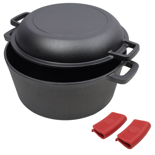 2 in 1 Pre-Seasoned Cast Iron Dutch Oven With Dual Handles, Outdoor Camping Deep Pot for Camping Fireplace Cooking BBQ Baking Campfire, 5 Quart.With 2pcs Silicone Handel Covers. SolidRoot Buy Furniture USA