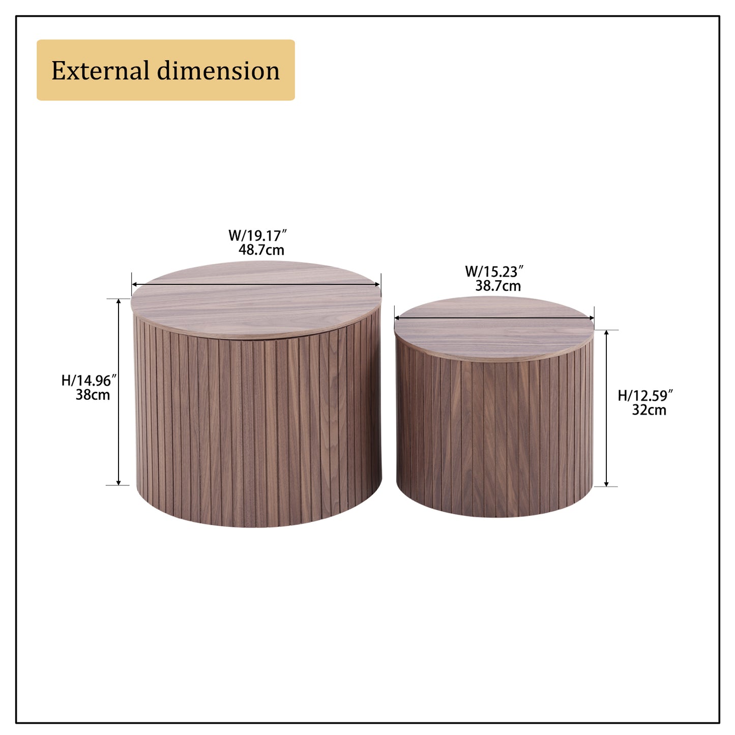 MDF nested table set 2 pieces, handcrafted round coffee table in living/lounge area, walnut color