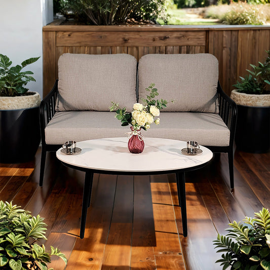 2PC Outdoor Aluminum Patio Furniture, Modern Loveseat Sofa Conversation/Chat Set, Sunbrella Cushions and Oval Coffee Table with White Carrara Marble-Look Sintered Stone Top, Ember Black Livingsource