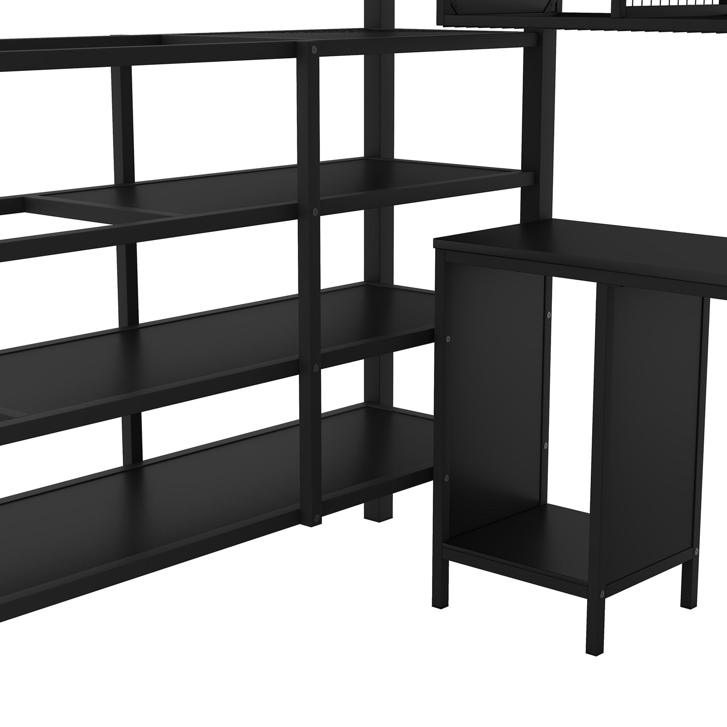 Metal Loft Bed With table set and wardrobe, Full, Black