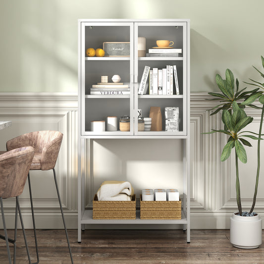 59'H Heavy Duty Metal Storage Cabinet, Display Storage Cabinet with Glass Doors and 2 Adjustable Shelves, Tall Bookcase Modern Bookshelf Cabinet for Home Office, Living Room, Pantry SolidRoot Buy Furniture USA