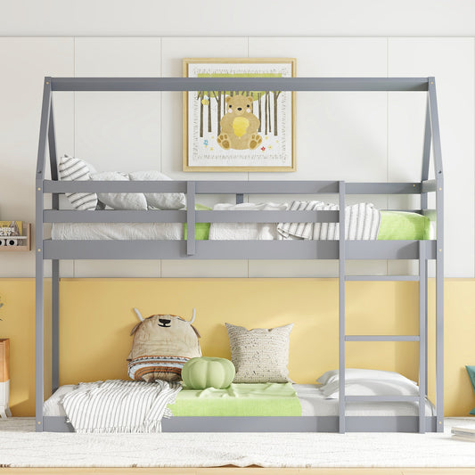 Twin over Twin Rubber Wood Floor Bunk Bed, with ladder,Guardrails,House-Shaped-Bunk Bed,Grey SolidRoot Buy Furniture USA