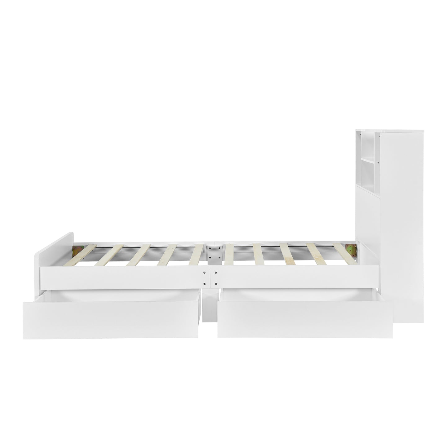 Twin Size Storage Platform Bed Frame with 4 Open Storage Shelves and 2 Storage Drawers,LED Light,White