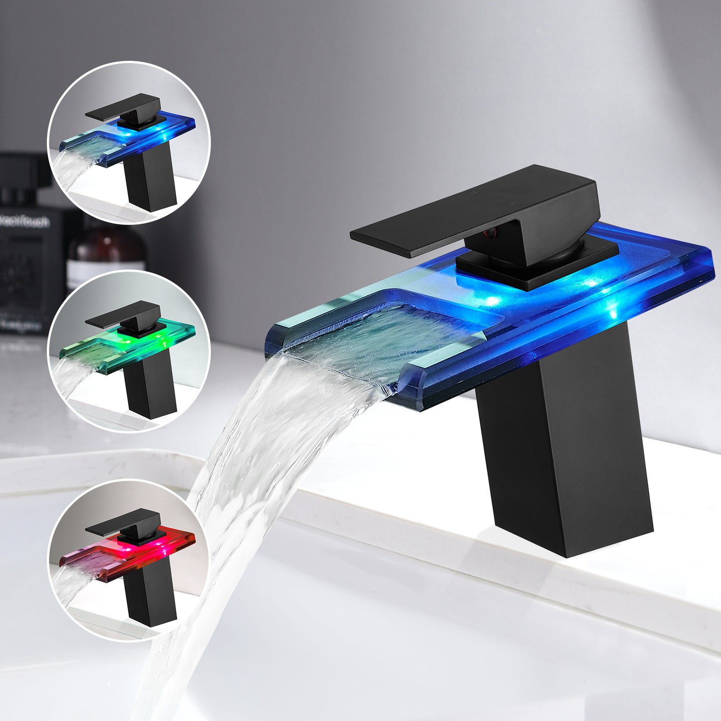 Bathroom Sink Faucet LED Light 3 Colors Changing Waterfall Glass Spout Hot Cold Water Mixer Single Handle One Hole Deck Mounted Bathroom Faucet Black Lavatory Vanity Basin Bath Plumbing Fixtures