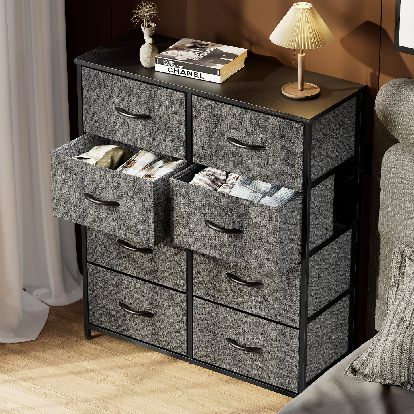 Sweetcrispy Dresser for Bedroom with 8 Drawers Tall Dresser & Chest of Drawers Fabric Dresser with Wood Top and Sturdy Steel Frame