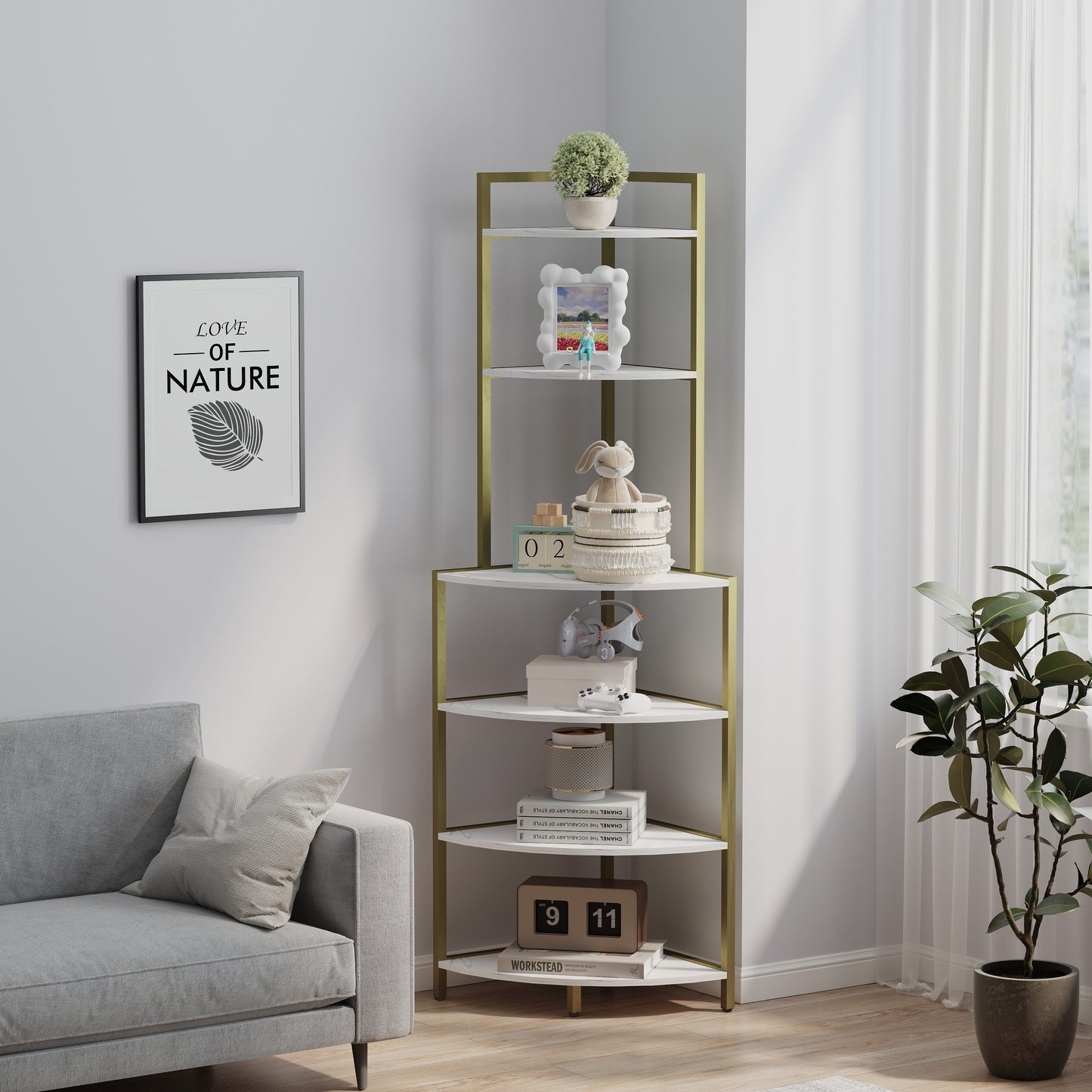 6-Tier Corner Open Shelf Modern Bookcase Wood Rack Freestanding Shelving Unit,Plant Album Trinket Sturdy Stand Small Bookshelf Space-Saving for Living Room Home Office Kitchen Small Space