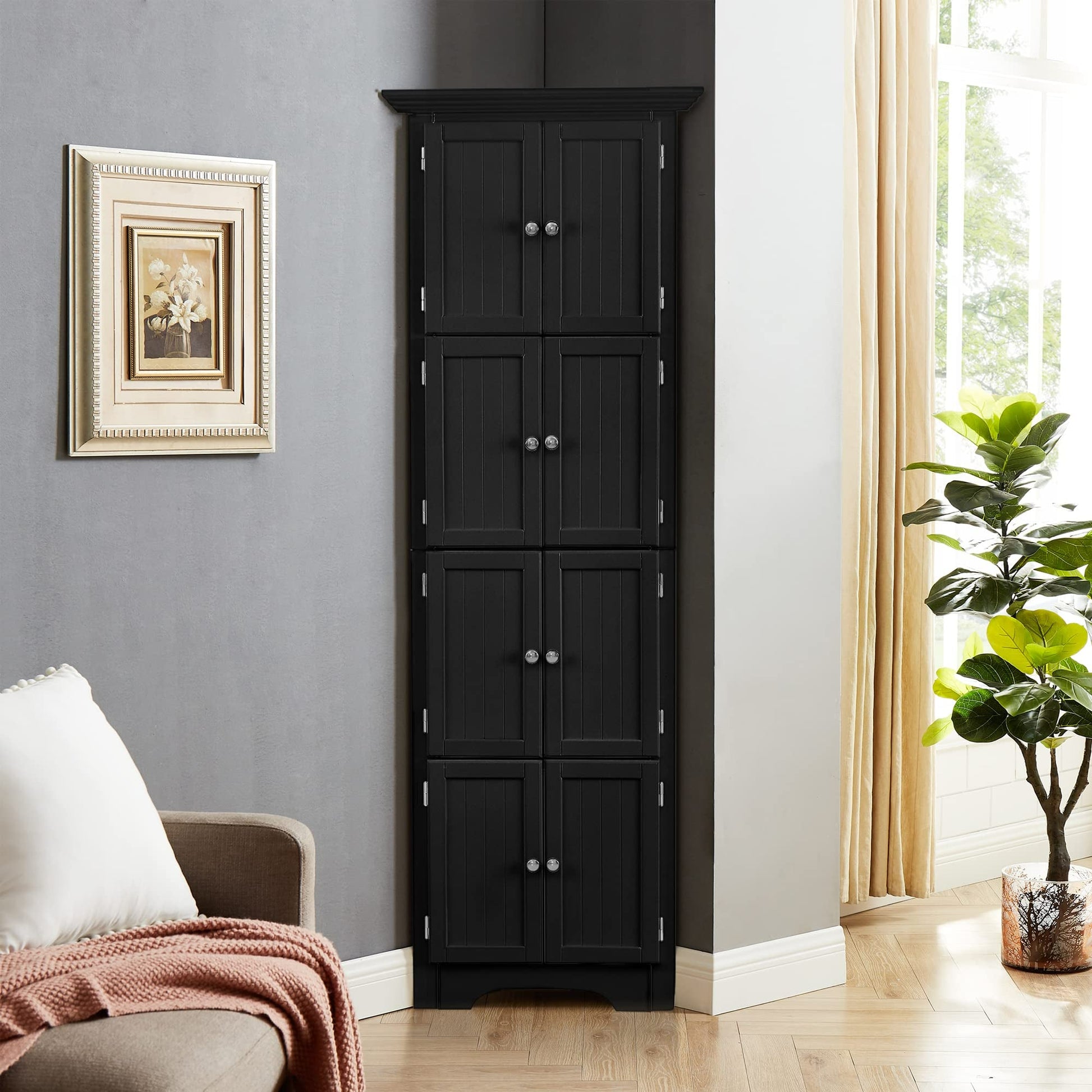 Tall Storage Cabinet with Doors and 4 Shelves for Living Room, Kitchen, Office, Bedroom, Bathroom, Modern, Black SolidRoot Buy Furniture USA
