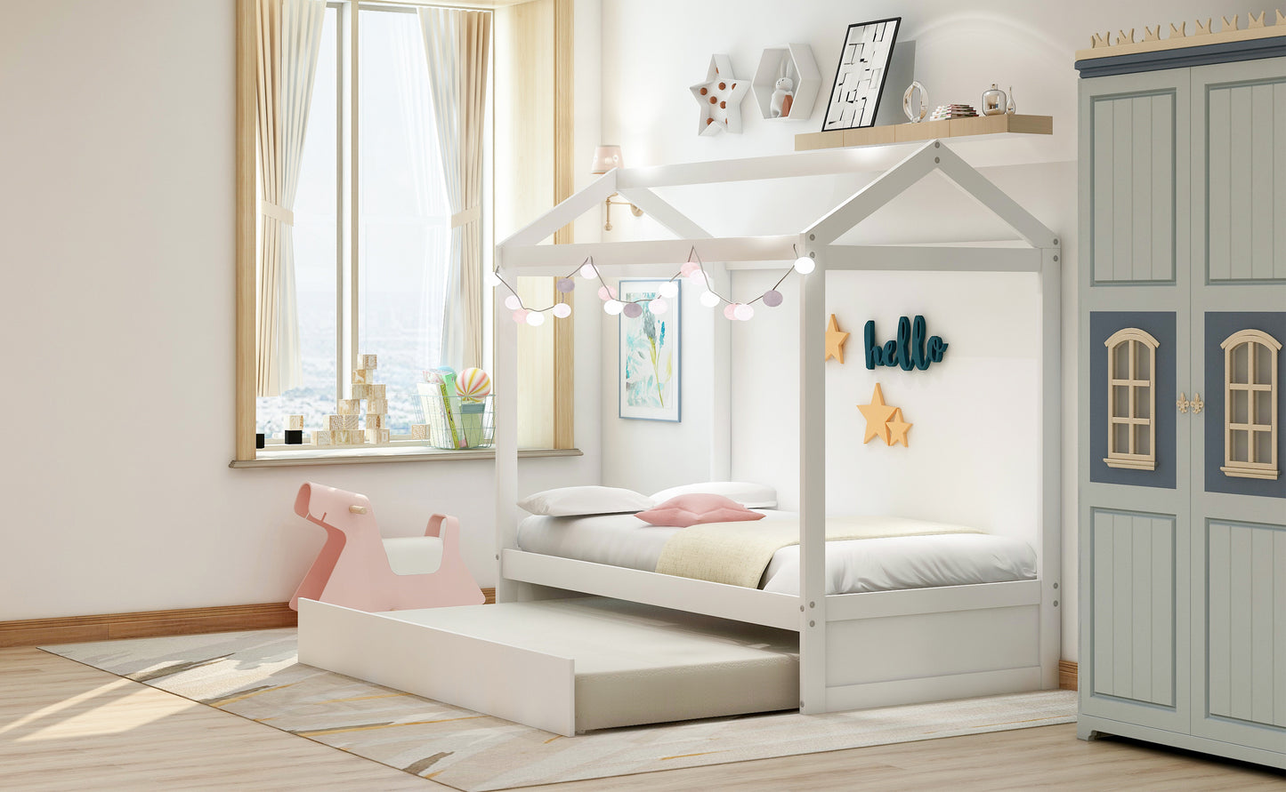 House Bed with Trundle, can be Decorated,White(Old SKU:SM000103AAK)