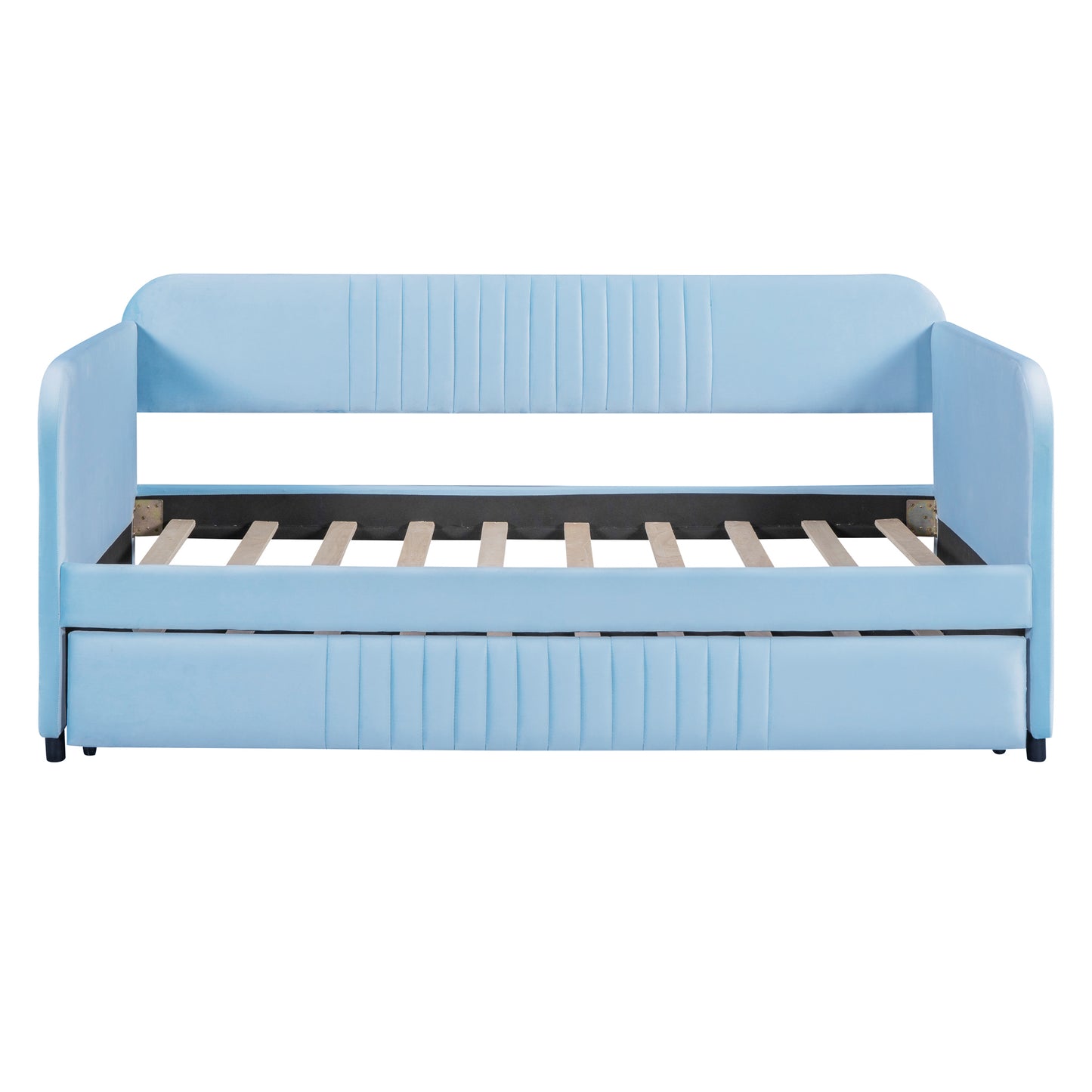 Upholstered Daybed Sofa Bed Twin Size With Trundle Bed and Wood Slat, Light Blue