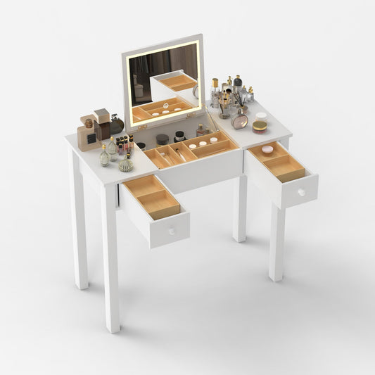 Chic White Vanity Table with LED Lights, Flip-Top Mirror and 2 Drawers, Jewelry Storage for Women Dressing Livingsource