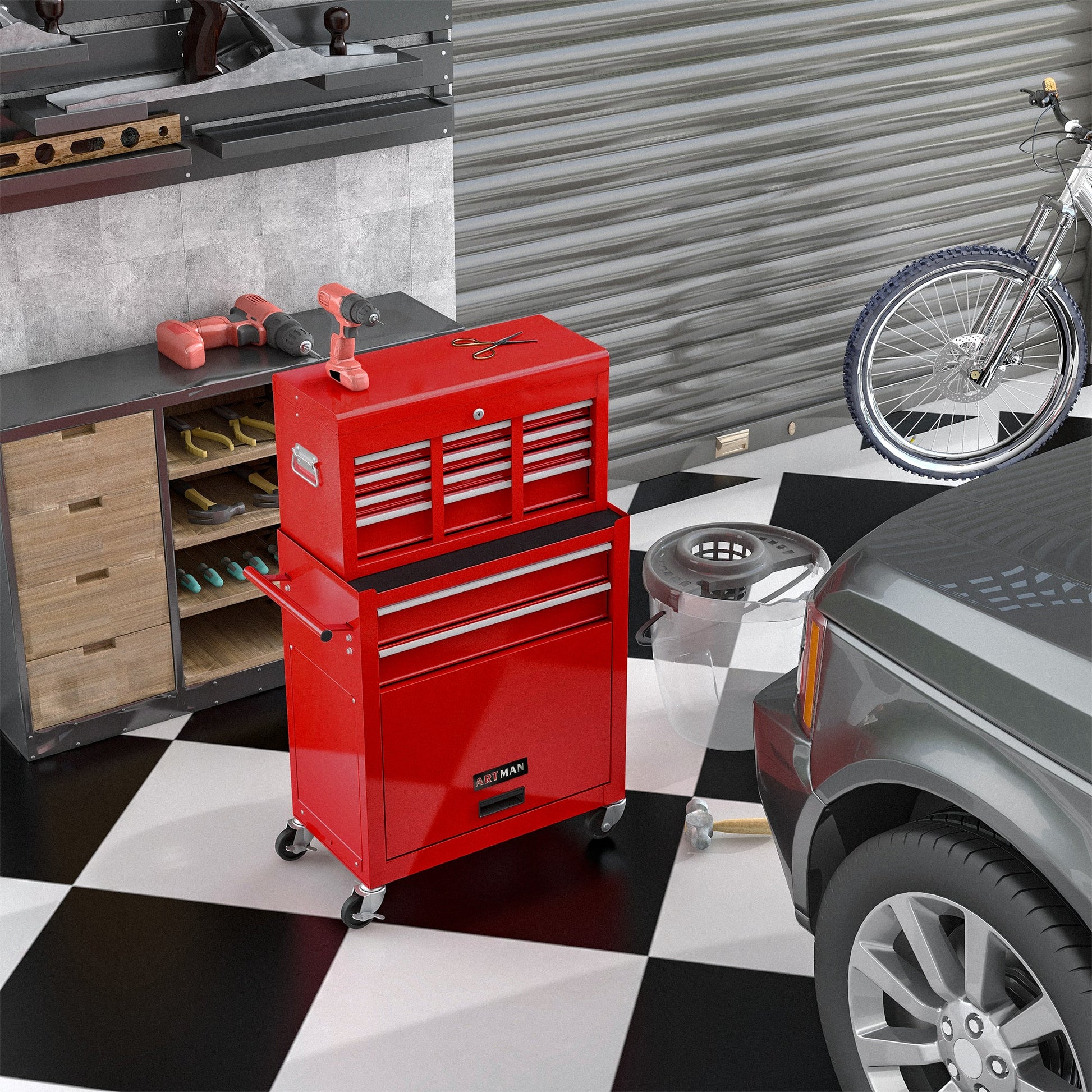 High Capacity Rolling Tool Chest with Wheels and Drawers, 8-Drawer Tool Storage Cabinet--RED SolidRoot Buy Furniture USA