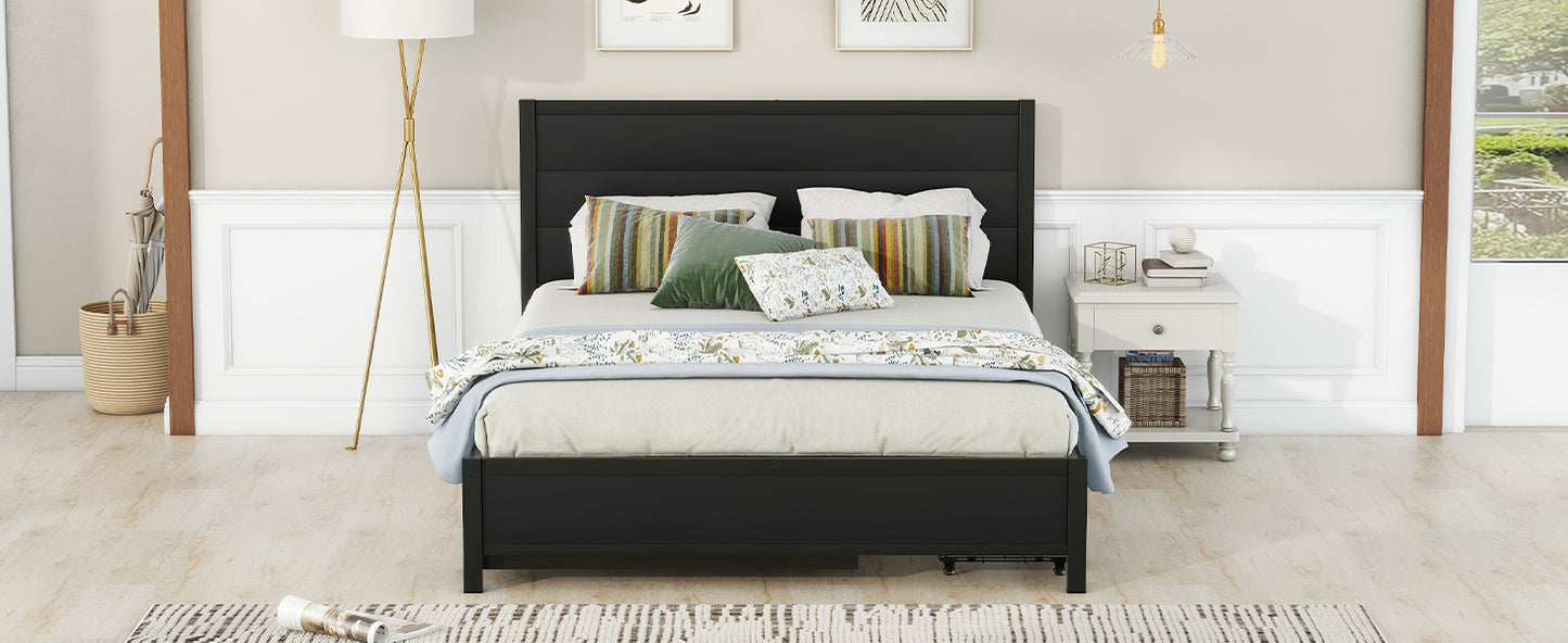 Metal Queen Size Storage Platform Bed with Twin Size Trundle and 2 Drawers, Black