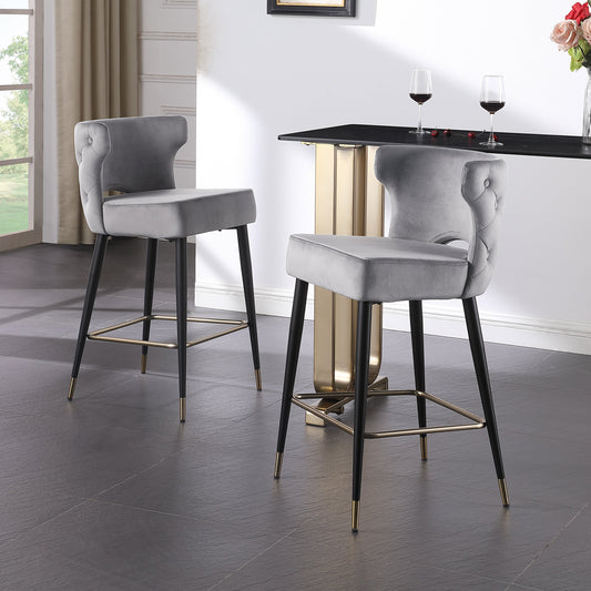 Woker Furniture Contemporary Velvet Upholstered Counter Height Stool with Gold Tipped, Black Metal Legs, 22" W x 19" D x 38.5" H, Gray Livingsource