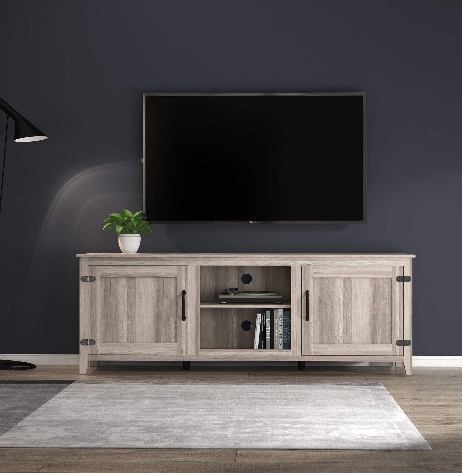 TV Stand Storage Media Console Entertainment Center With Two Doors, Grey Walnut; with fireplace SolidRoot Buy Furniture USA