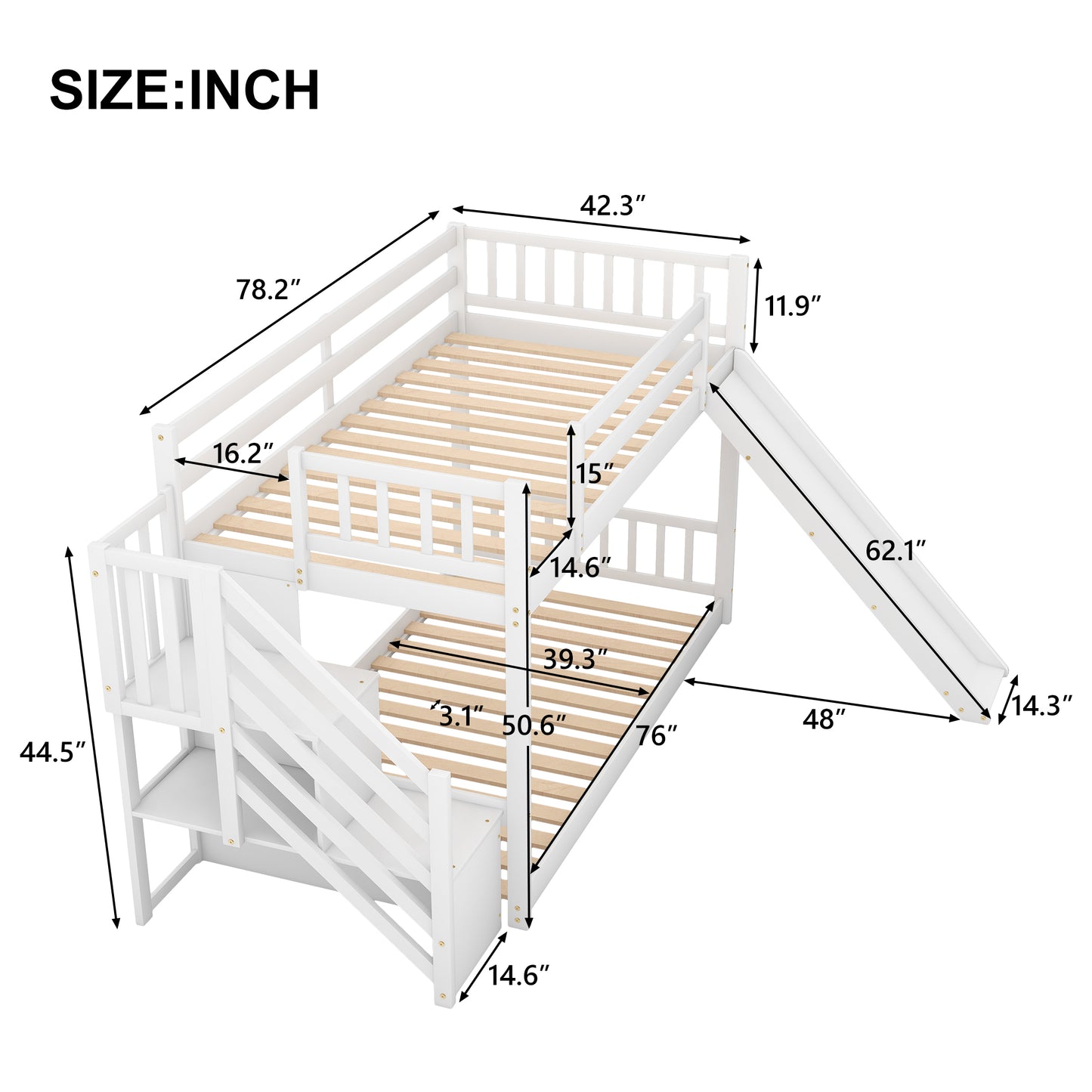 Twin over Twin Bunk Bed with Convertible Slide and Stairway, White