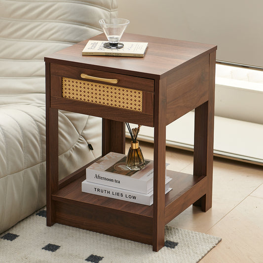 PE Rattan End Table with Drawer, Modern Nightstand, Side Table for Living Room, Bedroom, Walnut Color SolidRoot Buy Furniture USA