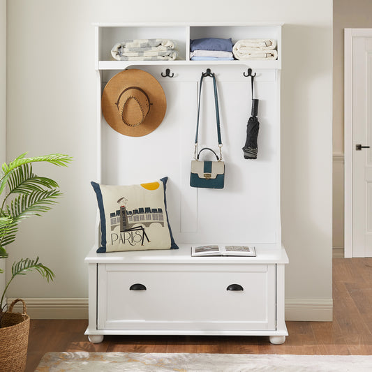 Classic Cosatal Style Hall Tree Entryway Bench with Open Shelves and Shoe Cabinets, SOLID WOOD Feet, White, 40.16'W*18.58'D*64.17'H