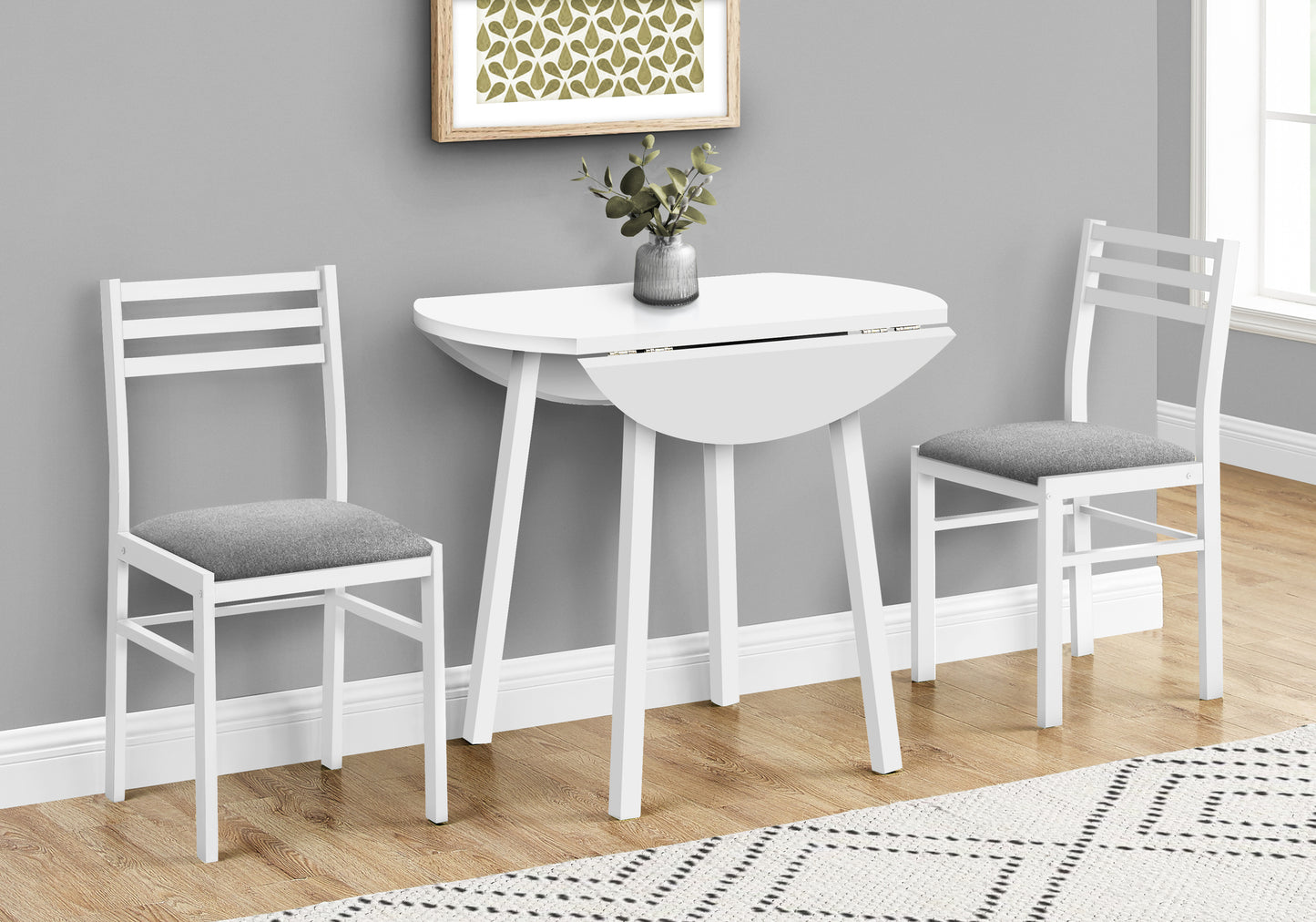 Dining Table Set, 3pcs Set, Small, 35" Drop Leaf, Kitchen, White Metal And Laminate, Grey Fabric, Contemporary, Modern