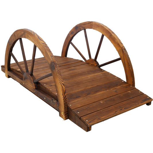 3.3ft Wooden Garden Bridge Arc Footbridge with Half-Wheel Style Railings & Solid Fir Construction, Stained Wood Livingsource