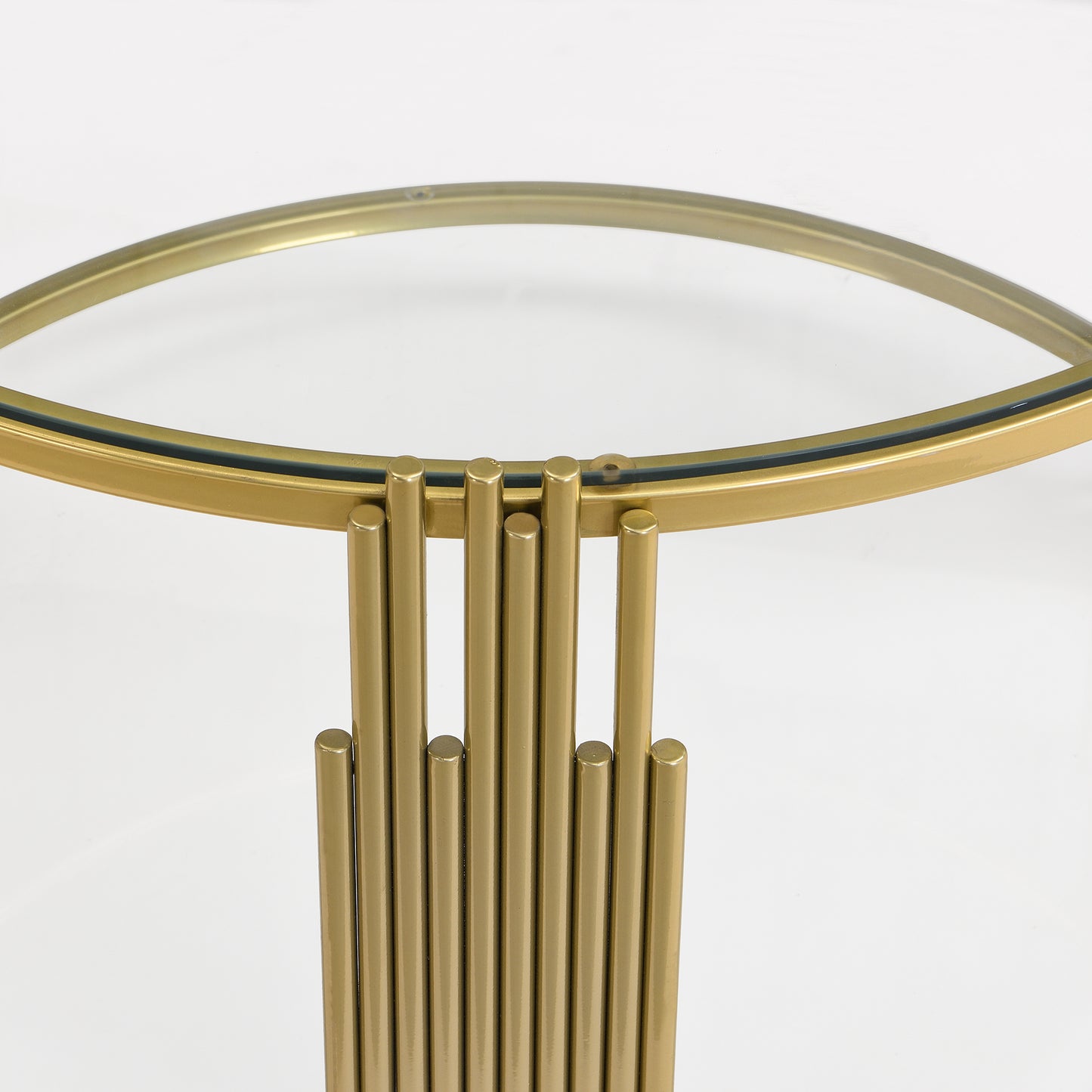 Modern Glass Coffee Table in 31.5", Asymmetrical Metal, Circular Metal Drum Base, Gold Finish & Lower Shelf