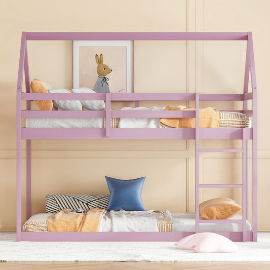 Twin over Twin Rubber Wood Floor Bunk Bed, with ladder,Guardrails,House-Shaped-Bunk Bed,Pink SolidRoot Buy Furniture USA