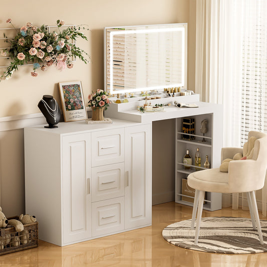 59' Makeup Vanity Desk with Mirror, Vanity Mirror with Lights, Dressing Table with 3 Drawers and 2 Cabinets, Vanity Table with Storage Shelves for Bedroom, White SolidRoot Buy Furniture USA