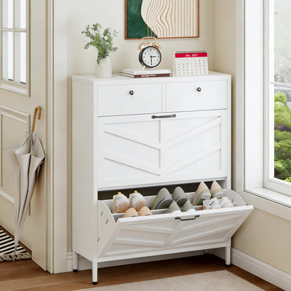 Shoe Cabinet with 2 Flip Drawers and 2 Drawers, Slim Metal Entryway Storage Cabinet, Freestanding 31.5'W x 40.75'H White Organizer with Anti-Tip Device