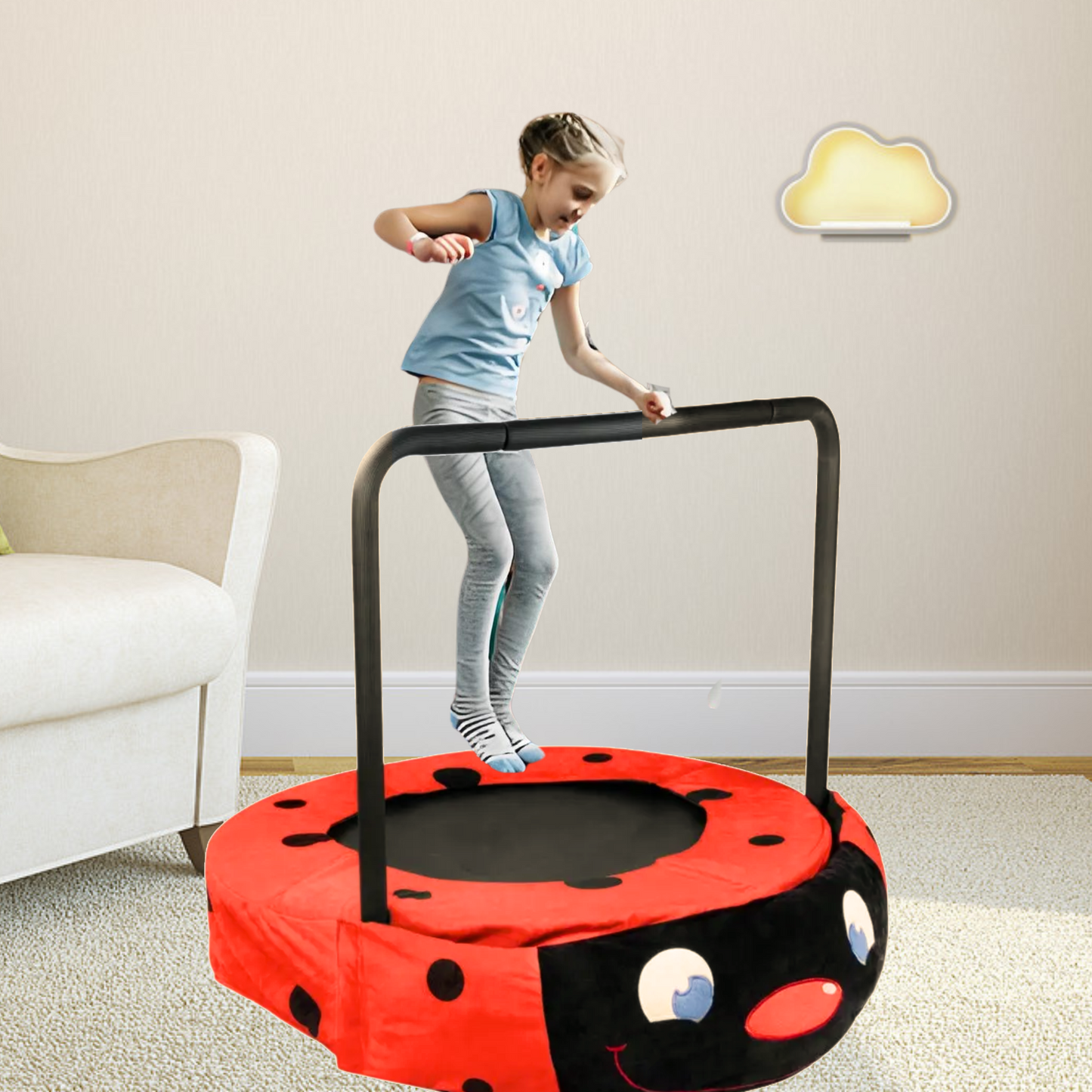 XTP003 Assembled children's trampoline happy expression outdoor and indoor dual-use ladybug black and red foldable iron tube for kids age 3 - 7