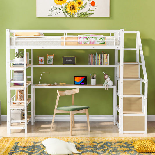 Twin Size Metal Loft bed with Staircase, Built-in Desk and Storage Shelves, White - SolidRoot Buy Furniture USA