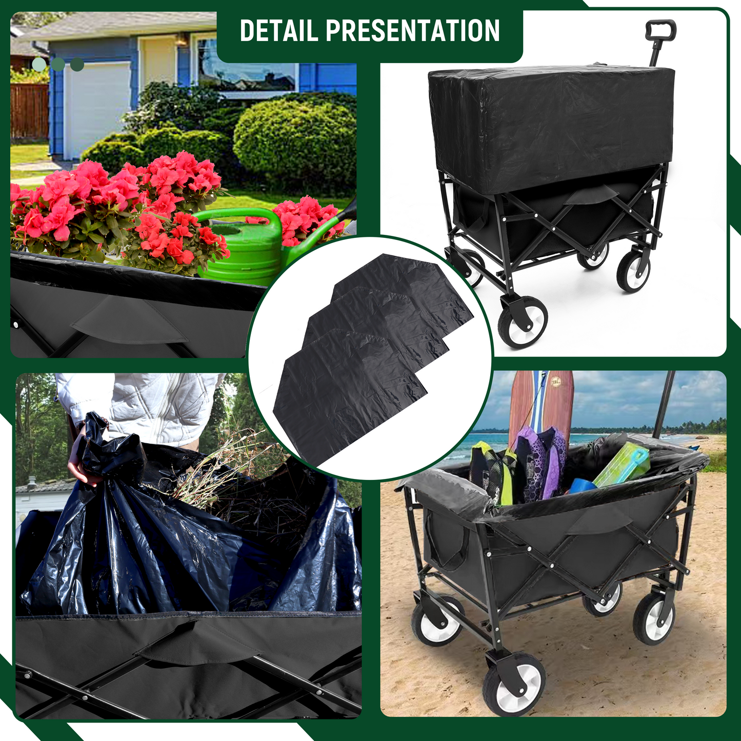 Minimeetall Multi-use Bag Collapsible Foldable Wagon Cart Beach Wagon Heavy Duty Utility Cart Utility Wagon Grocery Cart for for Camping ,3pcs  plastic Liner bag /Cover ,black