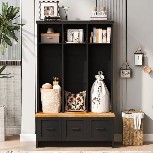 U-Can Modern Hall Tree with Entryway Bench, 3 Shelves and Drawers, 40.2'' Wide Hall Tree with Storage Bench for Hallway, Entryway, Living Room