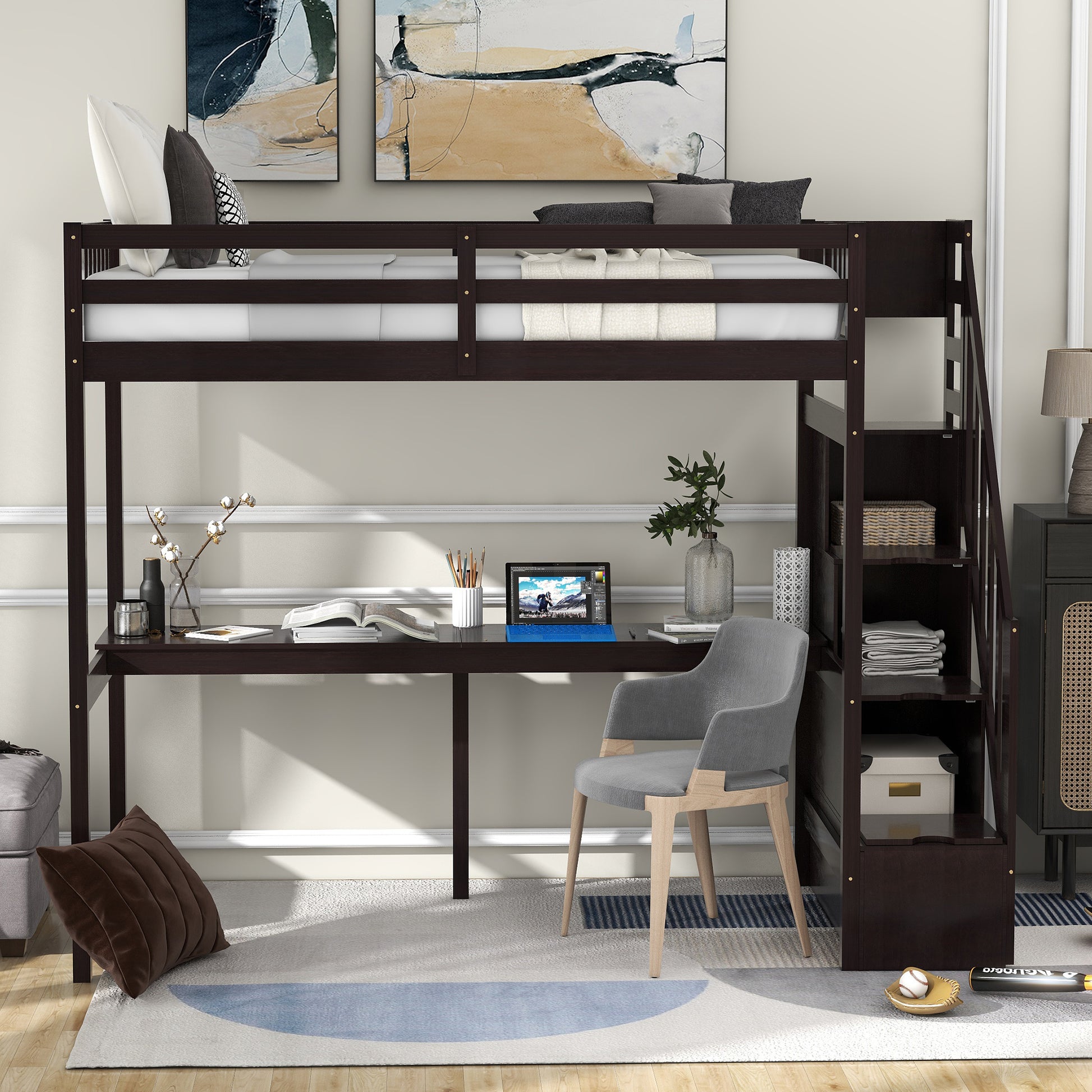 Twin Size Loft Bed with Storage Staircase and Built-in Desk, Espresso (Old SKU:GX000903AAP) - SolidRoot Buy Furniture USA