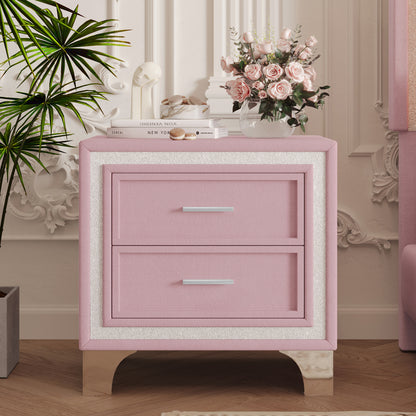 Mid Century Vintage Nightstand with Silver Glitter Strip Decor and Metal Legs, Velvet Bedside Table with 2 Drawers, Fully Assembled Except Legs and Handles, Pink SolidRoot Buy Furniture USA