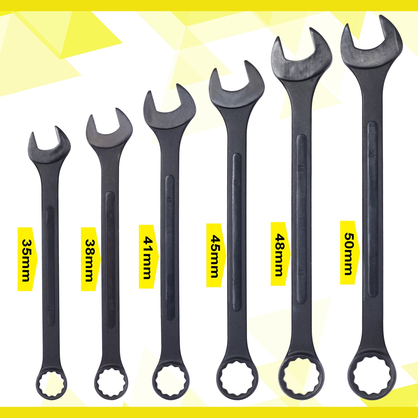 Jumbo Combination Wrench Set extra large, Metric, 6-piece, 35mm to 50mm,Black Oxide, with Pouch