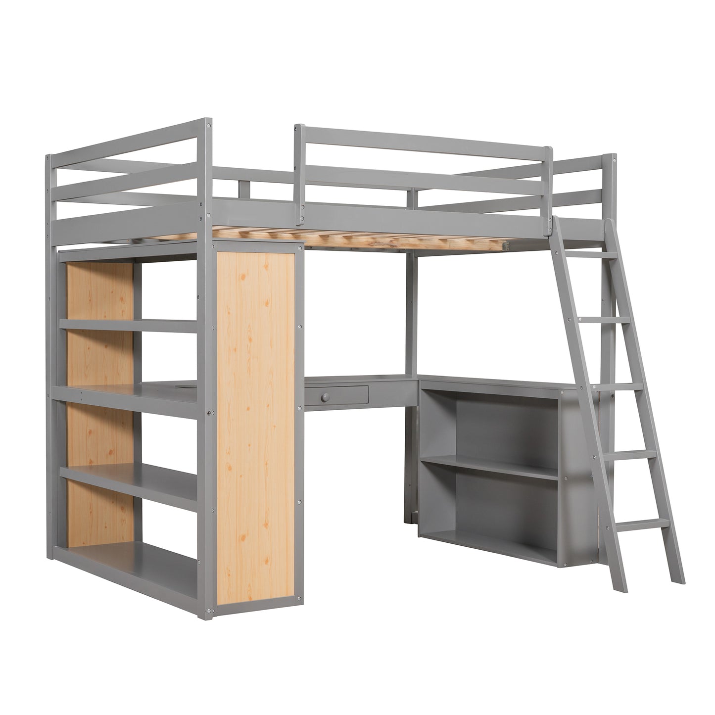 Full Size Loft Bed with Ladder, Shelves, and Desk, Gray(OLD SKU:LT100226AAE)