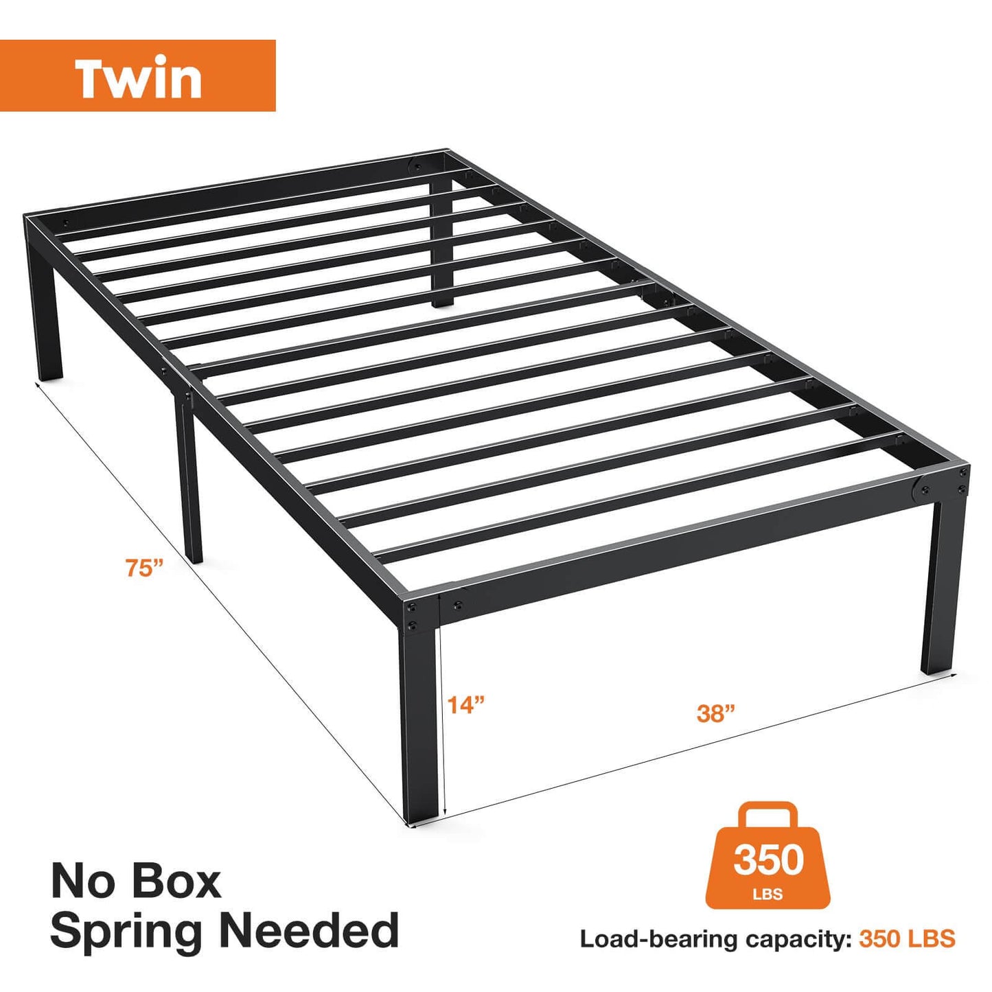 Heavy Duty Metal Bed Frame with Sturdy Steel Slat Support, TWIN