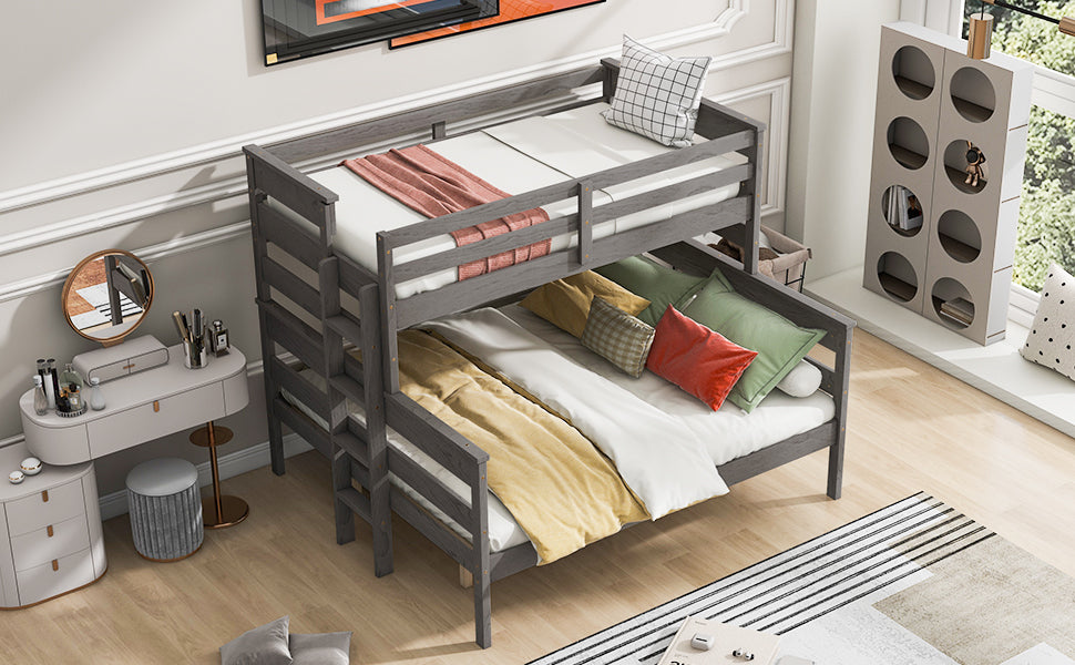 Wood Twin XL over Queen Bunk Bed with Ladder, Gray