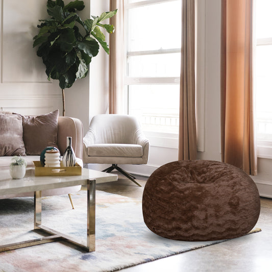Faux Fur Bean Bag Chair, Brown-3ft Cozy and Stretchable Fabric Lounger for Children and Adults with Easy-Clean Cover, Comfortable Faux Fur Seating for Bedrooms, Filled with Shredded and Memory Foam. SolidRoot Buy Furniture USA