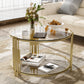 Modern Glass Coffee Table in 31.5", Asymmetrical Metal, Circular Metal Drum Base, Gold Finish & Lower Shelf Livingsource