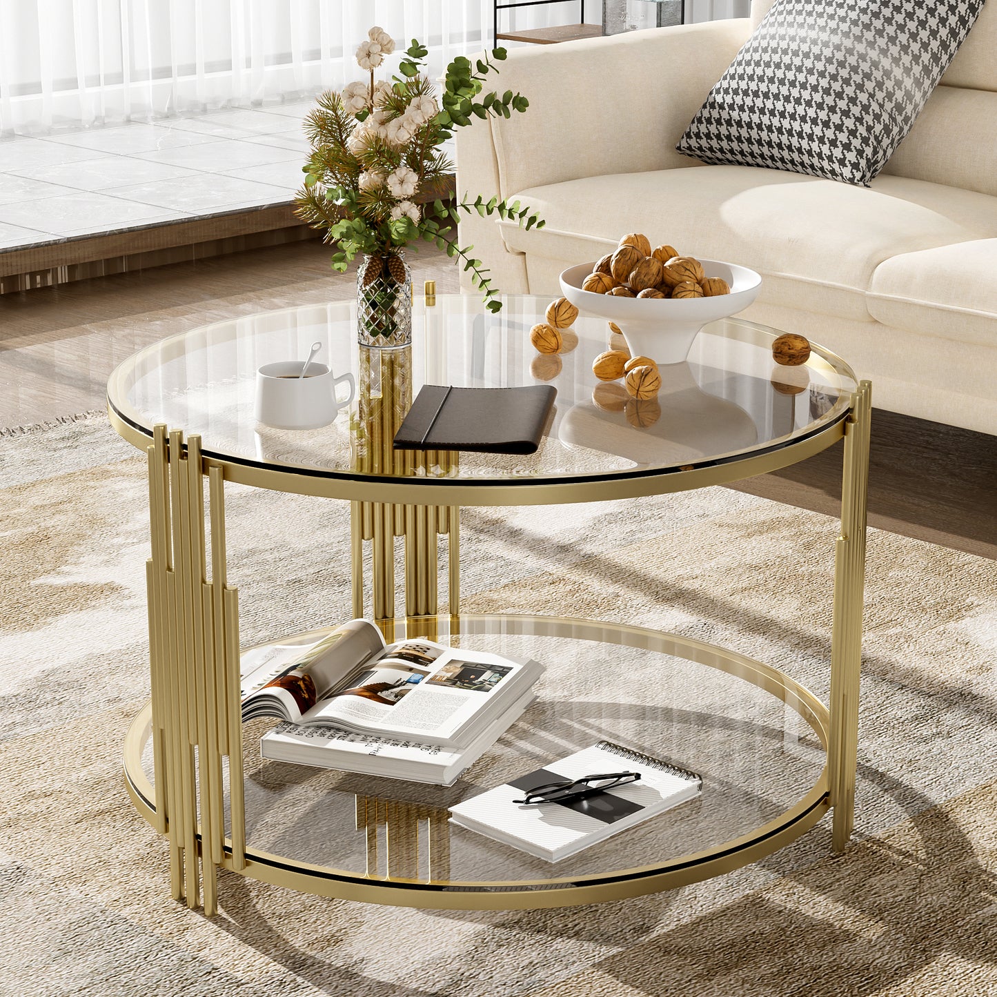 Modern Glass Coffee Table in 31.5", Asymmetrical Metal, Circular Metal Drum Base, Gold Finish & Lower Shelf