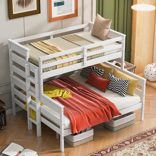 Wood Twin XL over Queen Bunk Bed with Ladder, White - SolidRoot Buy Furniture USA