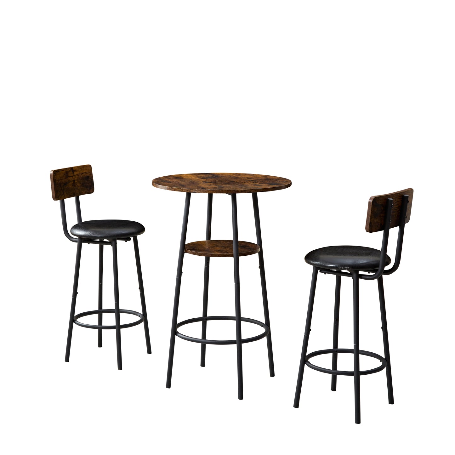 Three-piece round dining table, two-level small dining table with storage, bar table, two upholstered bar chairs with backrest, suitable for restaurants, cafes, bars.