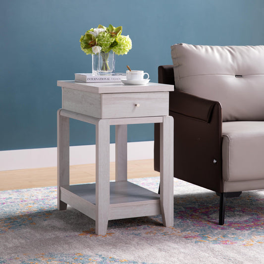Chair Side End Table with One Drawer and Bottom Shelf, Accent Table White Oak Livingsource